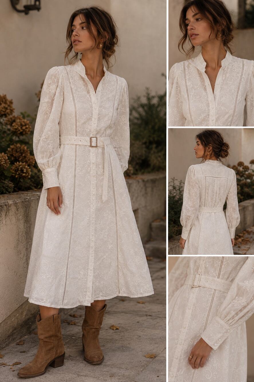 Ivory Embroidered Cotton Midi Dress Belted Button Front Prairie Western NWT S